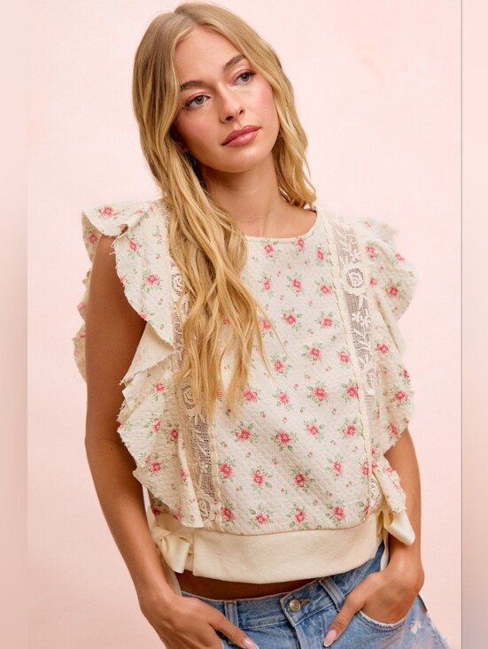 BiBi Tops - BiBi Flower Printed Ruffle Sleeve Trim Lace Detail Top- Red Flower